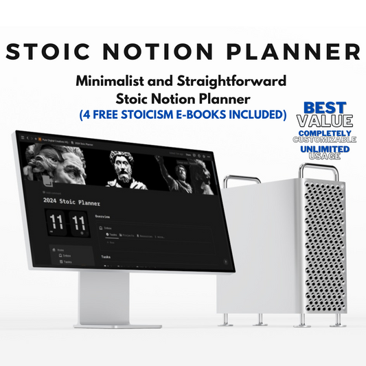 Stoic Notion Planner Template - Minimalist and Straightforward All in One Stoicism Notion Life Dashboard - 4 Free Stoicism E-Books included