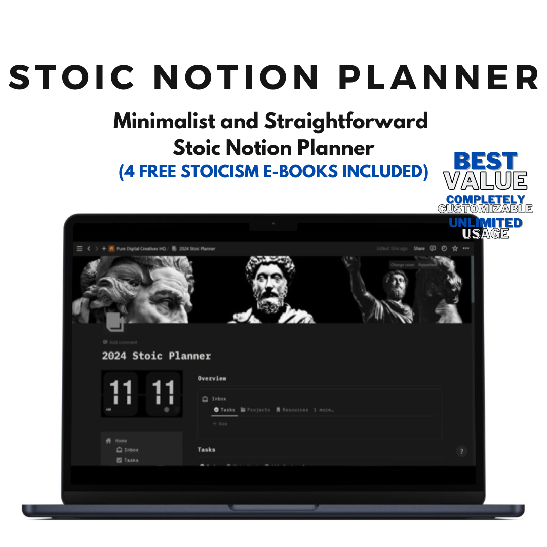 Stoic Notion Planner Template - Minimalist and Straightforward All in One Stoicism Notion Life Dashboard - 4 Free Stoicism E-Books included