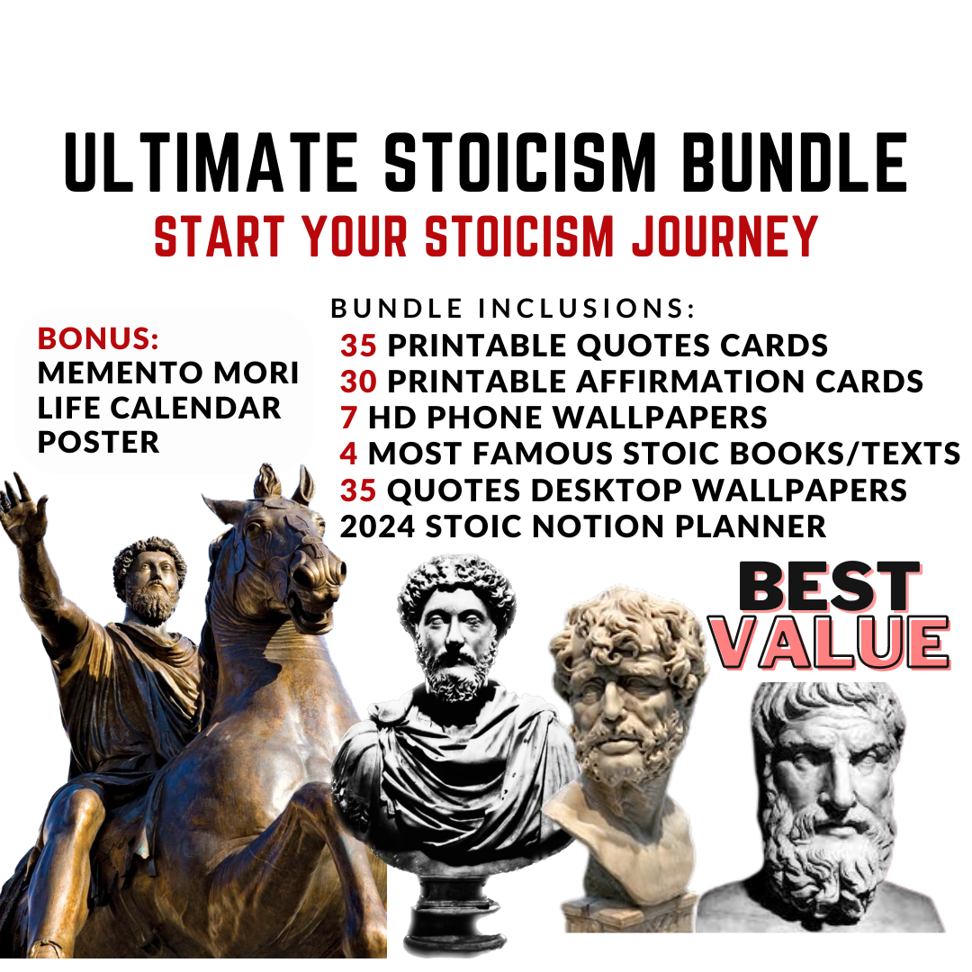 Ultimate Stoicism Bundle - Marcus Aurelius Quotes, Stoic Books, Affirmations, Notion Planner, Phone and PC Wallpapers - Memento Mori Poster